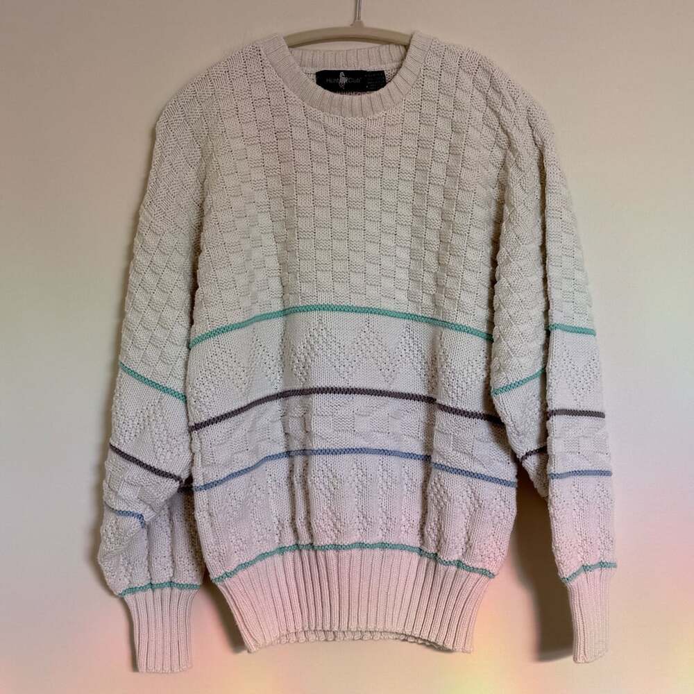 Hunt Club Vintage Crewneck Sweater Size M White Cotton Striped Knit men’s
